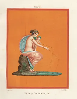 Mural of Venus and cupid fishing with rods from a pond Mural of Venus and cupid fishing with rods from a pond