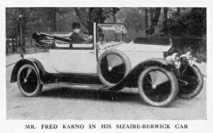 Images Dated 29th June 2020: Music hall star Fred Karno pictured posing in his Sizaire-Berwick car. Date: 1915