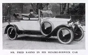 Berwick Prints: Music hall star Fred Karno pictured posing in his Sizaire-Berwick car. Date: 1915