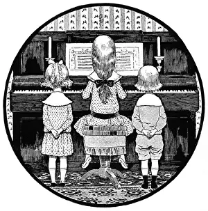 Backs Prints: Music at home - children at the piano