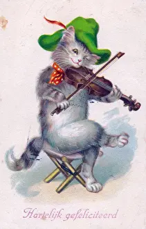 Stringed Prints: Musical cat playing a violin on a Dutch postcard