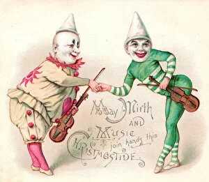 Two musical clowns on a Christmas card