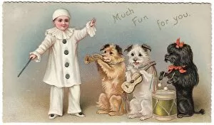Three musical dogs and a clown on a greetings card