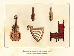 Musical instruments (guitar, citoles and harp) and furniture of
