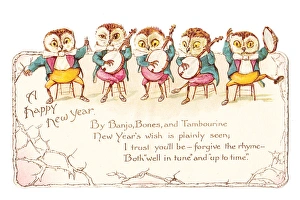 Five musical owls on a cutout New Year card Five musical owls on a cutout New Year card