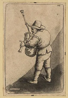 Musician with bagpipes wearing a hat, jacket and breeches, 18th
