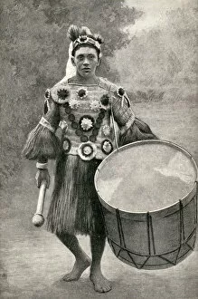 Images Dated 4th September 2018: Musician with large drum, Tahiti, French Polynesia