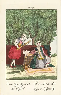Divan Prints: Musician and woman seated on a carpet, Cyprus, 1800s