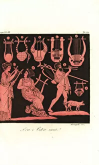 Musicians playing ancient Greek lyres, zither and tibia