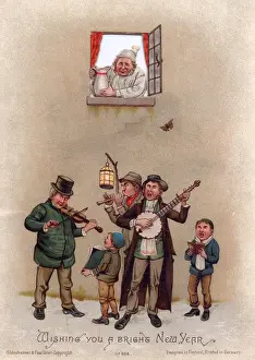 Serenading Prints: Musicians in the snow on a New Year card