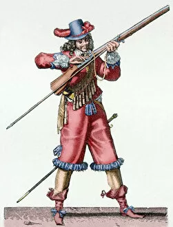 Musketeer of the Infantry of Louis XIV blowing the fuse of t
