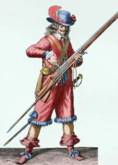 Plume Prints: Musketeer of the Infantry of Louis XIV filling the musket s
