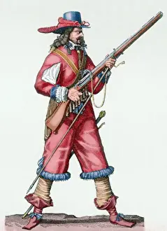 Plume Prints: Musketeer of the Infantry of Louis XIV with his musket. 18th