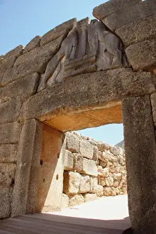 Mycenaean Art. The Lion Gate of Mycenes fortress. Peloponnes