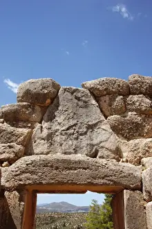 Mycenaean Art. The Lion Gate of Mycenes fortress. Peloponnes