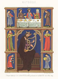 Merlin Prints: A mystical meal and King David playing psalms, 13th century