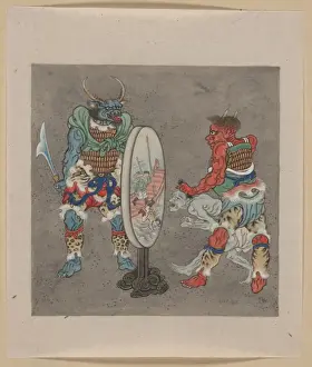 Two mythological Buddhist or Hindu figures, one holding a ca