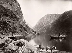 Naeroyfjord, Guvangen, boat in the fjord, Norway