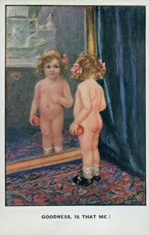 Reflection Collection: Naked little girl looking in the mirror