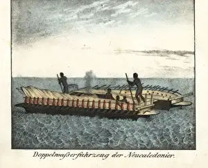 Ethnography Prints: Naked natives on a dual-hull boat of New Caledonia