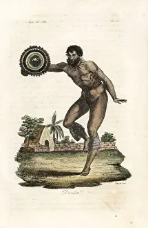 Tattoo Prints: Naked tattooed man of Hawaii dancing with shield, 1778