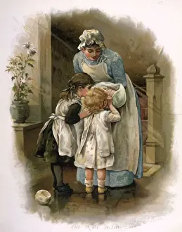 Nanny holding new baby for children to see