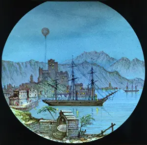 Nansens Fram expedition, ship in fjord & methane balloon