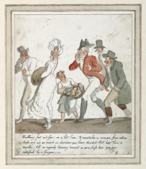 Images Dated 28th May 2012: Napoleonic era cartoon woman in bonnet on hot day