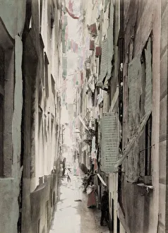 Texture Prints: Narrow street, washing hanging upper windows, Italy