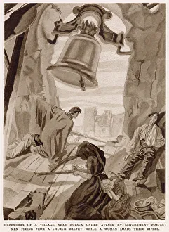 Huesca Prints: Two Nationalist soldiers firing their weapons from a bell tower