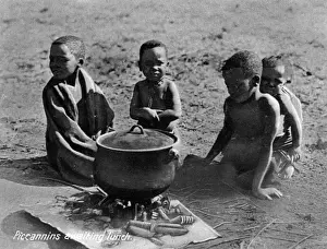 Matabeleland Prints: Native African Matabele boys with cooking pot
