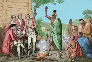 Population Prints: Native American council and conquistadors meet around fire