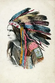 Multi Coloured Prints: Native American First Nation Indian with elaborate headdress