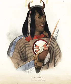 Native American in headdress with horns, buckskin Native American in headdress with horns, buckskin