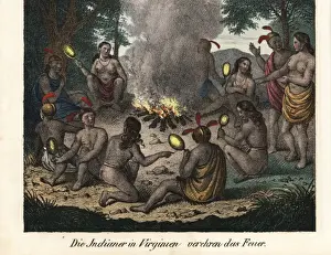 Native American men and women of Virginia worshipping fire