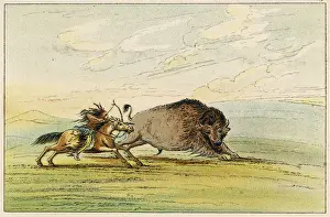 Native American Sioux Hunting Buffalo on Horseback