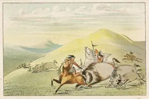 Native American Sioux Hunting Buffalo on Horseback