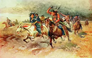 Native American Sioux Indians fleeing a prairie fire