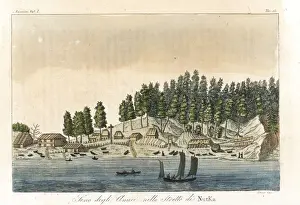 Native American village on the banks of the Nootka Sound