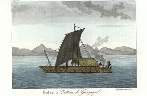Ecuador Collection: Native Americans of Guayaquil, Ecuador, on a raft with sail