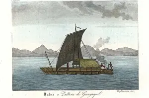 Manners Prints: Native Americans of Guayaquil, Ecuador, on a raft with sail