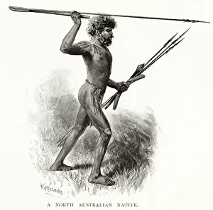 Australian Prints: A Native Australian with his WOOMERA - throwing stick Date: 1891