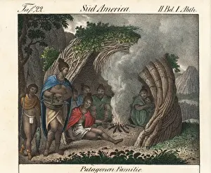Patagonia Prints: Natives of Patagonia in a hut made out of branches