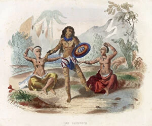 Natives of the Sandwich Islands performing a ritual dance Date: circa 1850