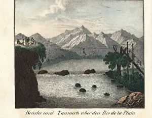 Southamerica Prints: Natives using a rope bridge to cross the Rio de la Plata