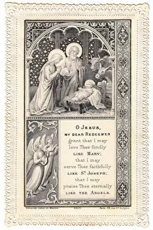Nativity Gallery: Nativity scene with prayer on a French Christmas card