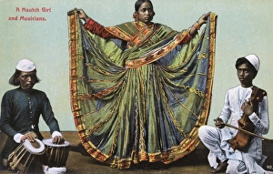 Nautch dancing girl and two musicians, India