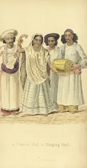 Handcoloredcopperplate Prints: Nautch girl or singing girl, Bengal, India