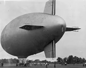 US Navy Goodyear K-1 airship being manoeuvred on the ground