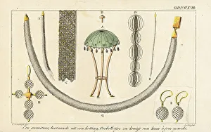 Needlework Prints: Necklace, earrings and a cross in woven human hair